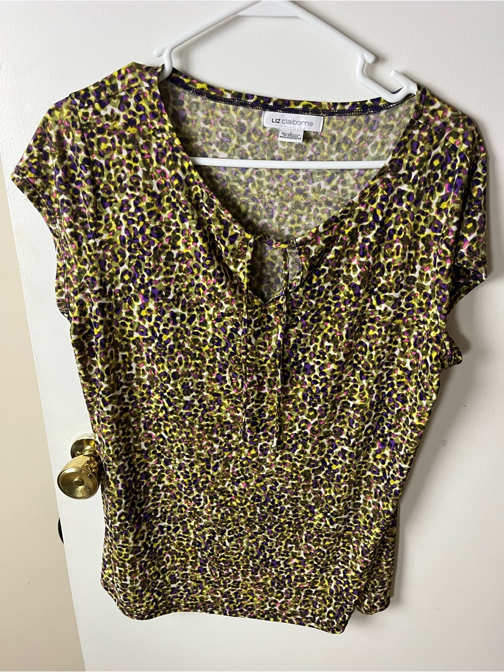 Liz Claiborne Purple and Yellow Leopard Print Short Sleeve Top